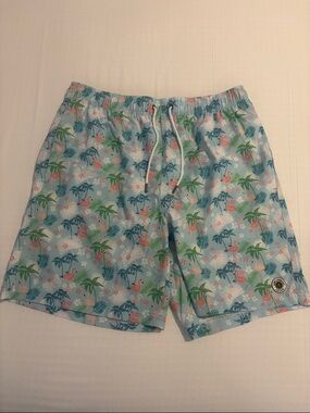 Men's Light Blue Tropical Print Swim Trunks
